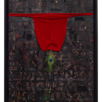 NARI WARD Courtship Replay R. V., 2011 - 2019 Durag, peacock feather, stencil ink, krink marker, basketball trading cards, and collaged basketball mounted on aluminum 42 x 30 inches 106.7 x 76.2 cm (MMG#33310) Courtesy the artist and Lehmann Maupin, New York, Hong Kong, Seoul, and London