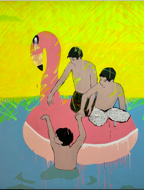 Boys getting onto a pink flamingo float 