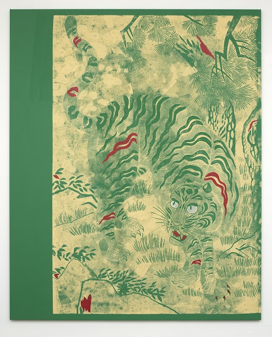 Jade Tiger, 2021, block printing ink, acrylic, and oil on canvas, 94 x 76 inches