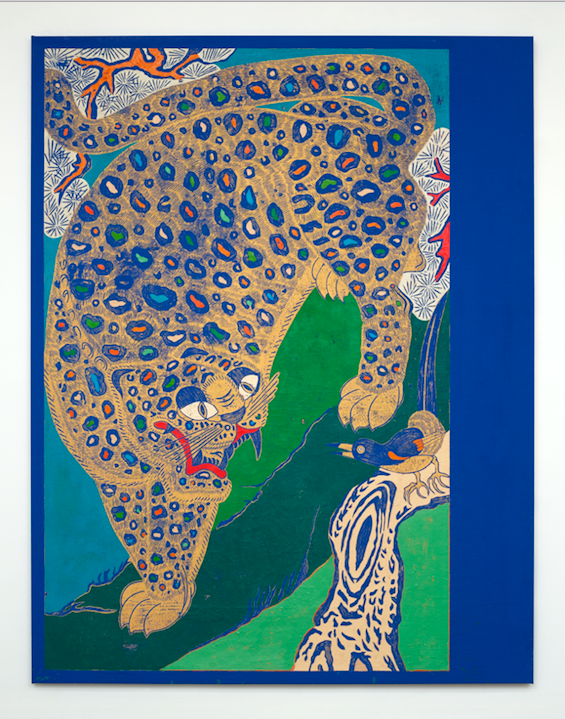 Peacock Tiger, 2020-2021, block printing ink, acrylic, and oil on canvas, 94 x 76 inches 