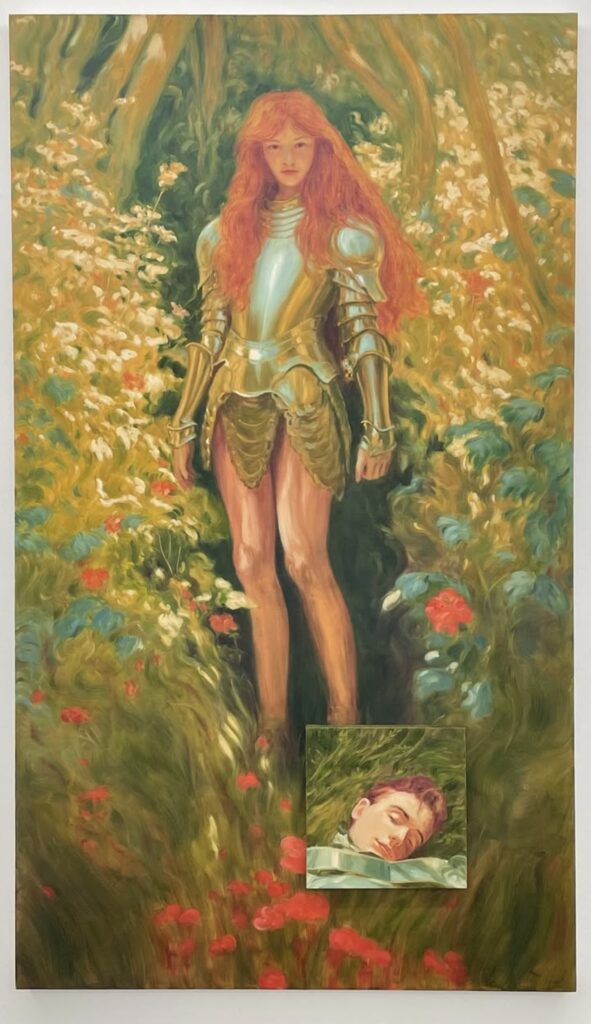 A woman standing in a dreamy green bushes with a man sleeping at ther feet 