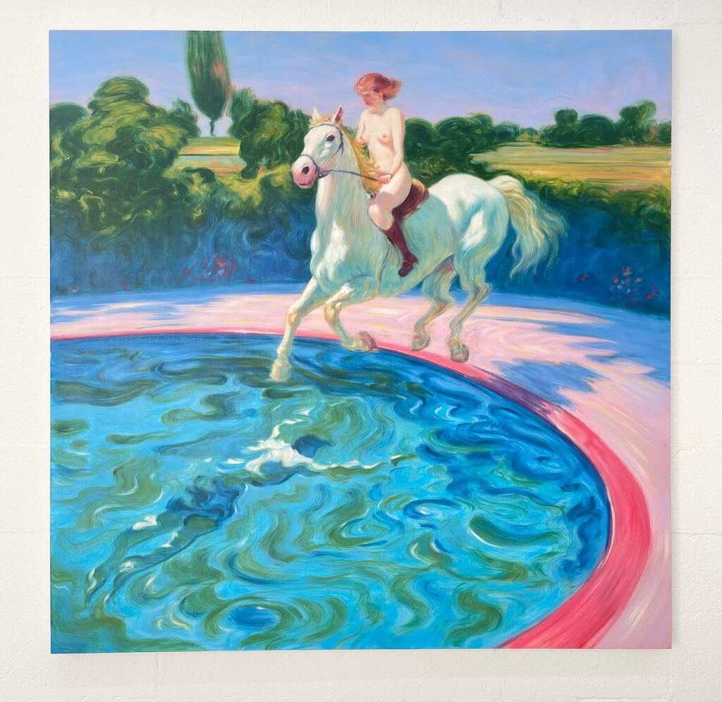 A Painting of a woman on a horse jumping into a pool with a man swimming underneath her 